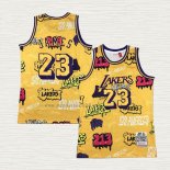 Maglia LeBron James NO 23 Los Angeles Lakers Mitchell & Ness Slap Sticker 2018-19 Giallo